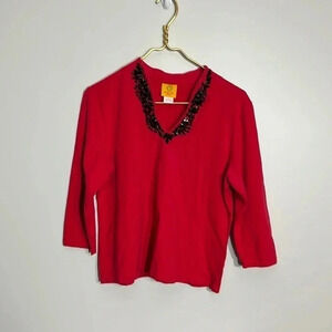 Ruby Rd‎ Petite Red Beaded V Neck 3/4 Sleeve Top Women's Size PL